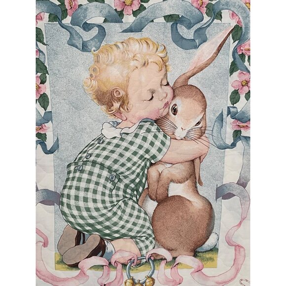 Child & Bunny Handmade Quilted Baby Blanket Nursery Decor 36"x44" - Picture 2 of 5
